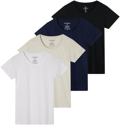4 Pack: Womens Cotton Crew Neck Scoop Short Sleeve T-Shirt Women Shirt Tshirt Tshirts Shirts Athletic Tee Tops Casual Blouse Tees Lounge Ladies Basic Workout Classic Relaxed Loose Fit - Set 7,L