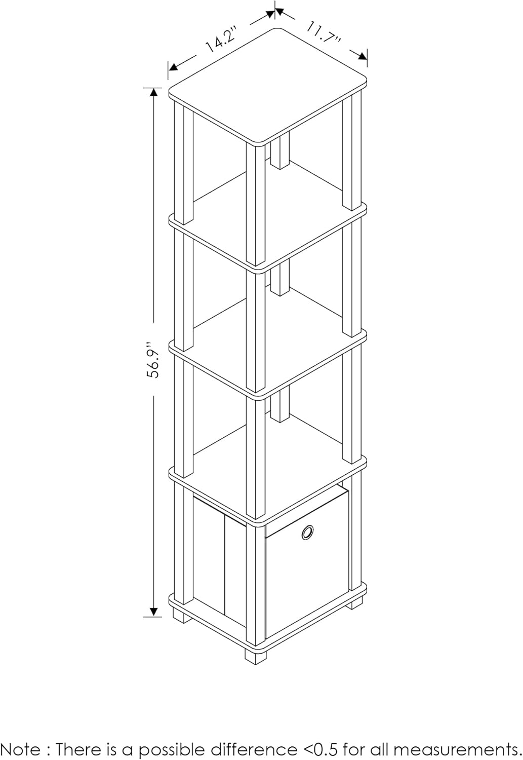 5-Tier FURINNO Black Decorative Shelf with Fabric Bin - Slim Design
