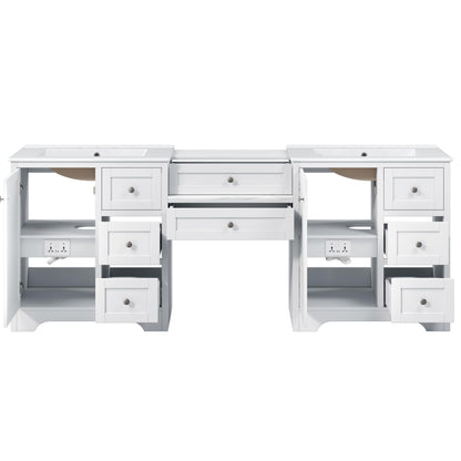 Merax 84" Double Sink Bathroom Vanity with Engineered Stone Countertop & 2 Ceramic Sinks,Large Storage Vanity with 6 Soft Close Drawers,Silver Metal Knobs for Master Bathroom,Family Bath,White