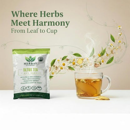 Herbay Harmony Organic Detox Tea – Caffeine-Free Herbal Cleanse for Bloating Relief, Digestive Tea & Natural Body Detox, Organic Herbal Blend with Ginger, Chamomile & Papaya (4 Pack (4‑Week Detox Kit)
