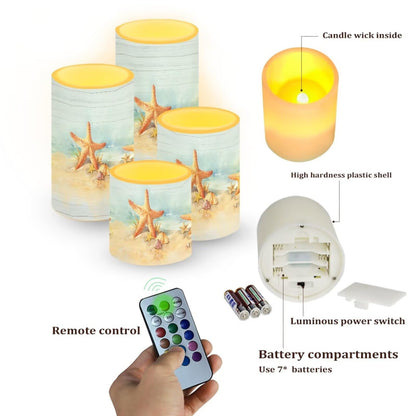 Merkmak Starfish Flameless Candles with Remote and Timers Flickering Battery Operated Candles 4 Pack Outdoor Flameless LED Pillar Lights for Beach Wedding Coastal Room Home Decoration