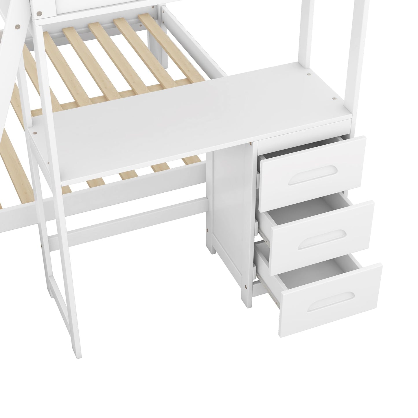 YOPTO Twin Over Full Bunk Bed with Built-in Desk and Three Drawers,Pine Wood Convertible Twin Over Full L-Shaped Loft Bunk Bed Frame for Kids Teens Adults,White