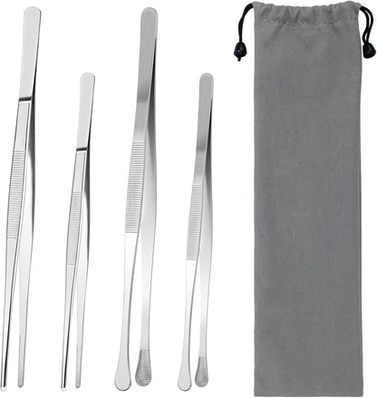 AHIER 4 Pcs Kitchen Fine Tweezer Tongs, 12” and 10” Stainless Steel Food Tweezers Set for Cooking