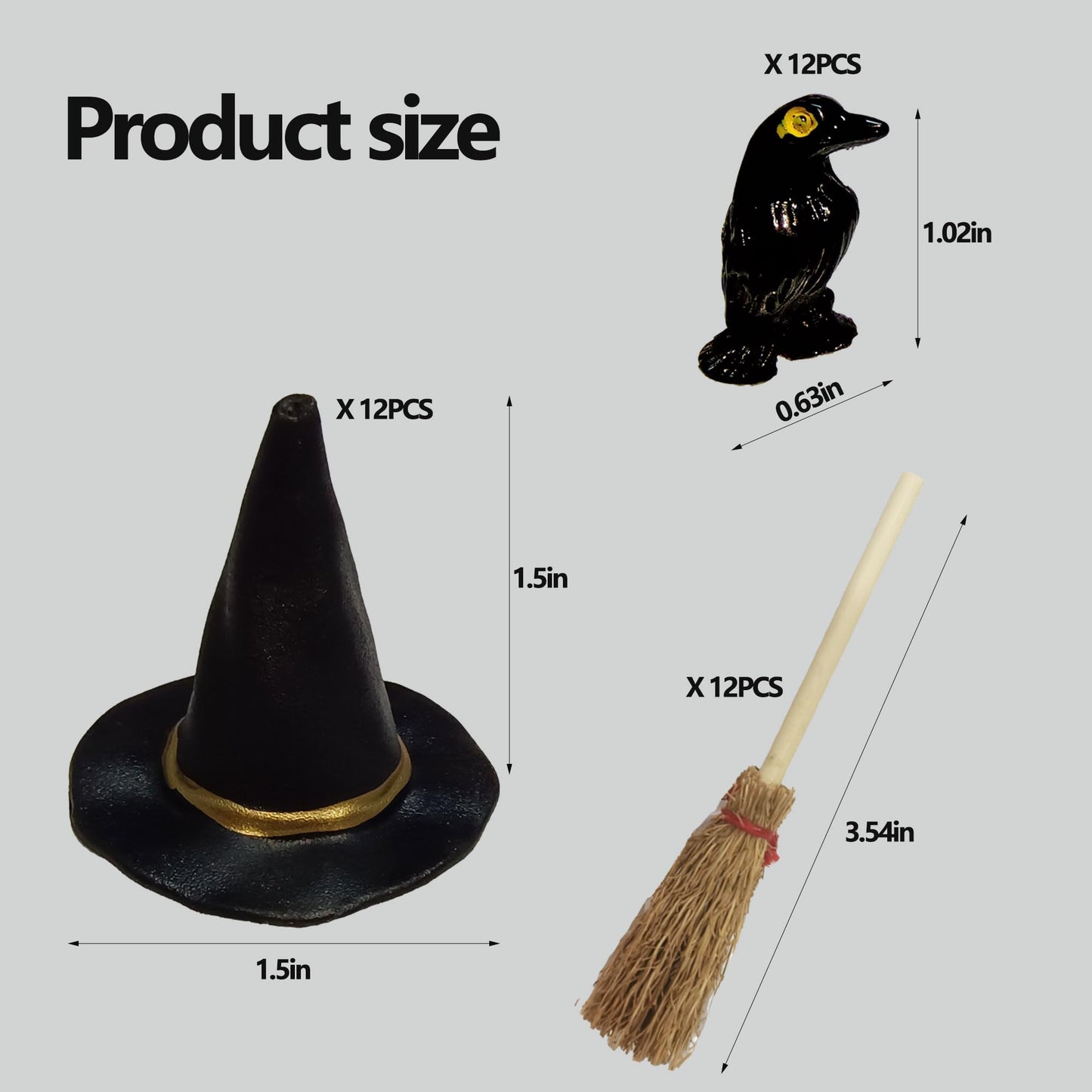 36 Pcs Mini Witch Hats Small Straw Brooms and Miniature Resin Crows Tiny Witch Accessories Set Dollhouse Table Decorations for Cupcake Topper DIY Crafts Halloween Decor Supplies