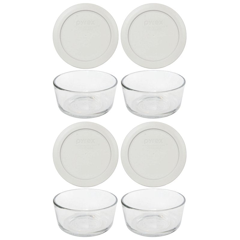 Pyrex 7200 2 Cup Glass Bowls & 7200-PC Sleek Silver Food Storage Replacement Lids (4-Pack) - Made in USA