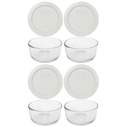 Pyrex 7200 2 Cup Glass Bowls & 7200-PC Sleek Silver Food Storage Replacement Lids (4-Pack) - Made in USA