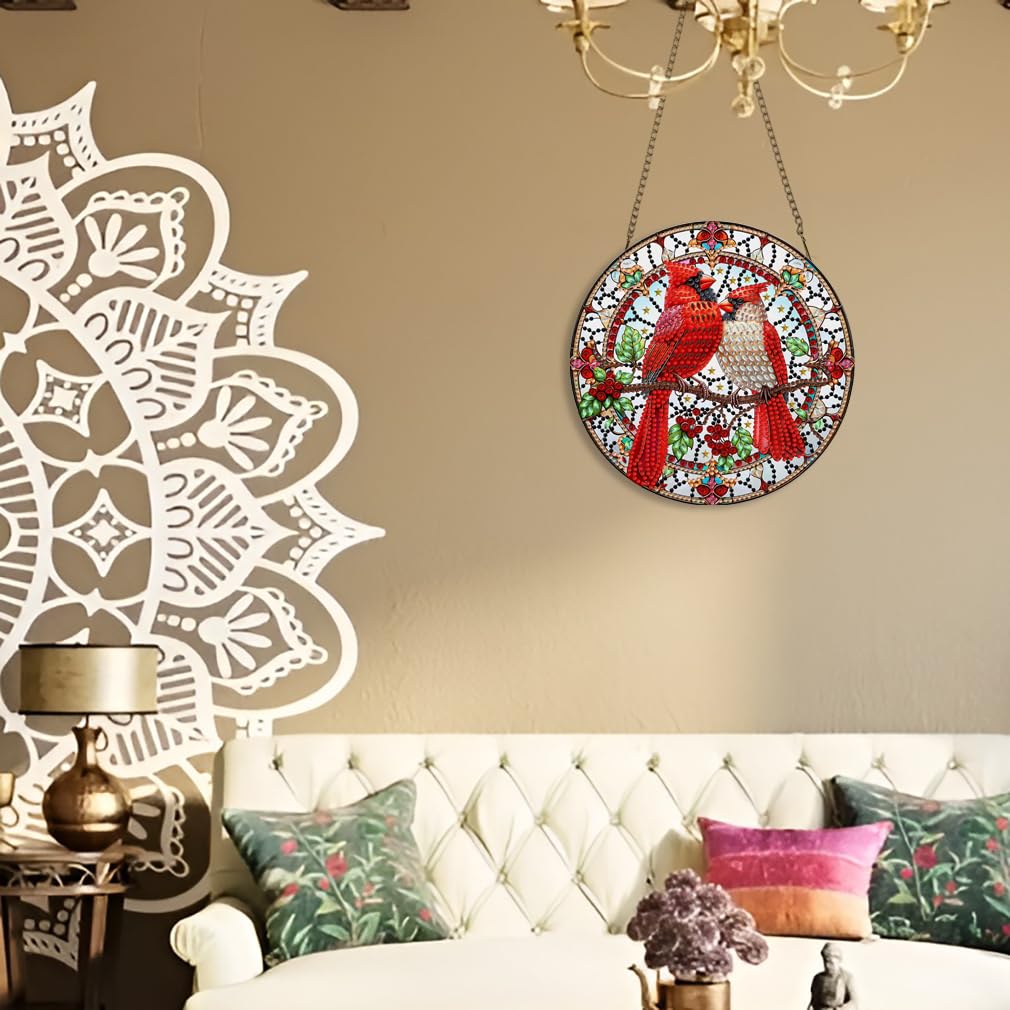 STGLCR Diamond Painting Cardinal Ornament 5D Bird Wreath DIY Diamond Art Animal Handmade Pendant Mosaic Making Kits by Number Kits Home Decoration Pendant Single Sided Spot Drill Double Sided Pattern