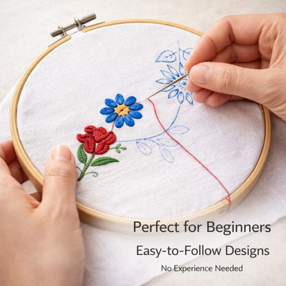 Beginner Embroidery Kit for Adults - Mexican Floral DIY Embroidery Starter Kit with Cotton Napkins, Bamboo Hoop, Threads, Needles & Tools - 43-Piece Embroidery Set (Random Designs, Intermediate)