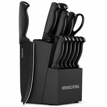 HENKELIVING Knife Set, 14-Piece Black Dishwasher Safe Kitchen Knife Block Set with Built-In Sharpener, German High Carbon Stainless Steel Blades, Ultra Sharp Knives with Ergonomic Non-Slip Handles
