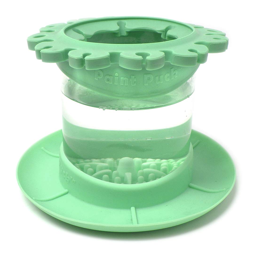 Paint Puck Ultimate Rinse Cup Paint Brush Cleaner (Green, Mug) – Non-Spill Paint Water Cup & Brush Cleaner with Brush Holder, Squeegee Lips & Drip Tray for Acrylic, Watercolor & Art Supplies