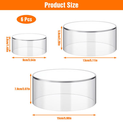 Afcabakila 6Pcs Round Acrylic Risers Display Stands, 5.9'' 5.1'' 3.5'', Clear Round Nesting Pedestal Shelf with Hollow Bottom for Tabletop Jewelry Display, Buffet Riser Stands for Dessert Table,3Sized