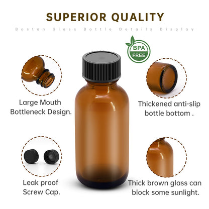 REUJIHXY 12Pcs 1oz Amber Glass Bottles - 30ML Small Glass Jars with Black Lids Empty Boston Bottle,Dispensing Bottles for Homemade Vanilla Extract, Essential Oils, Herbal Medicine (12)