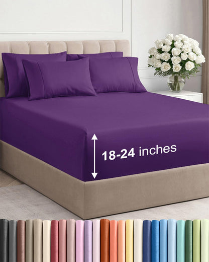 Skiennix Extra Deep King Sheet Set - 6 Piece Cooling Bedding - Soft, Wrinkle-Free, Purple