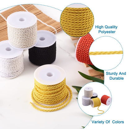 Craftdady 5 Rolls Twisted Cord Trim Rope 3mm Polyester Braided Satin Twine Cord Thread String for DIY Jewelry Craft Home Decoration, About 5.4 Yards/Roll