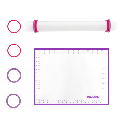 WECLAYER Clay Roller with Thickness Rings and 16" x 12" Silicone Clay Mat with Measurement,Oven-Safe Work Mat with Texture,Reusable Silicone Non-skid Pad,Clay Rolling Pin,Polymer Clay Tools