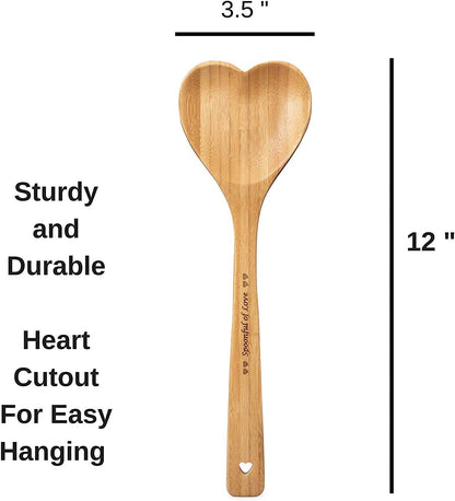 Heart Shaped Bamboo Spoon - Engraved Wooden Serving Mixing Spoon, Vintage Country Kitchen Utensil by PRIZE HOME
