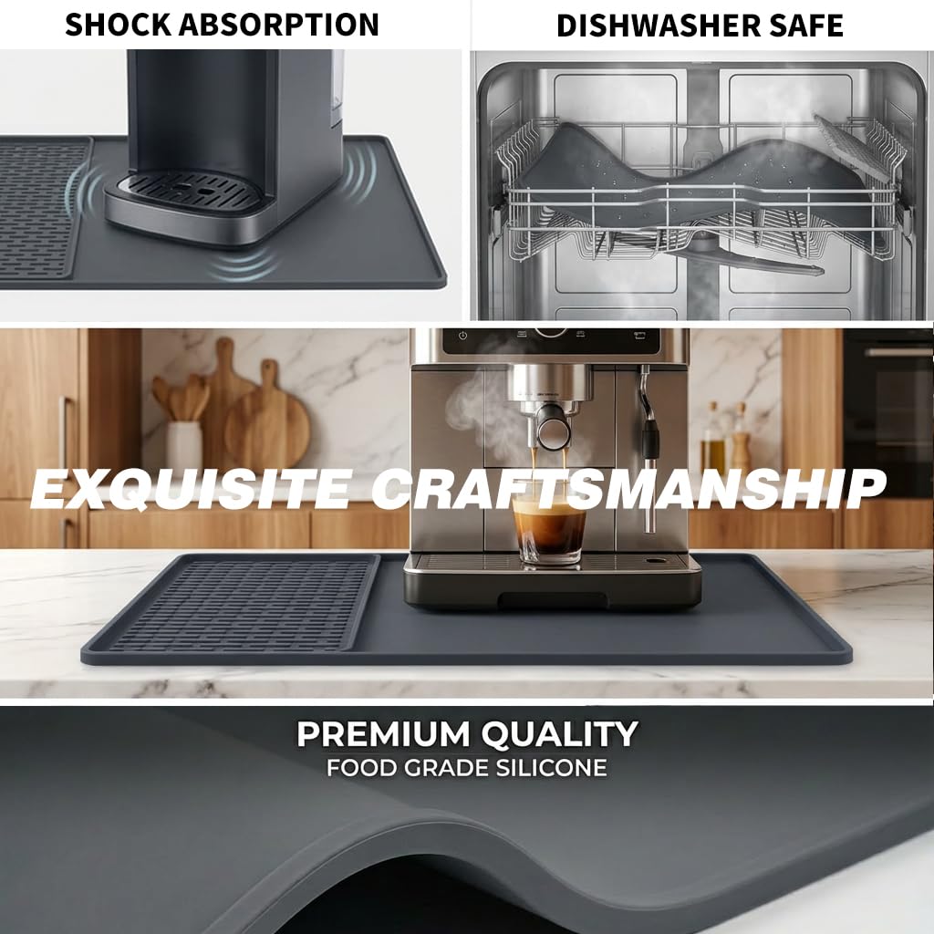 Caketime 2 In 1 Silicone Coffee Bar Mat Accessories for Ninja Coffee Maker with Detachable Dish Drying Rug Kitchen Counter Under Sink Drainer Appliances Dorm Room Decor 16"x24" Extra Large Black