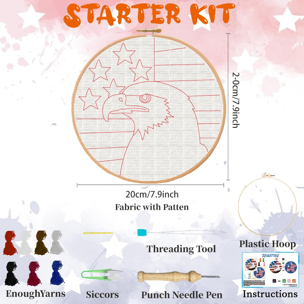 BEUNITONE 2Pcs Punch Needle Kit for Beginners, American Flag Starter Embroidery Kits with Frame & Instructions, Needle Felting Kit Poke Art for Adults DIY Craft for Coasters, Bags, Clothes Decor