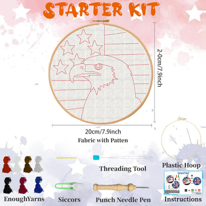 BEUNITONE 2Pcs Punch Needle Kit for Beginners, American Flag Starter Embroidery Kits with Frame & Instructions, Needle Felting Kit Poke Art for Adults DIY Craft for Coasters, Bags, Clothes Decor