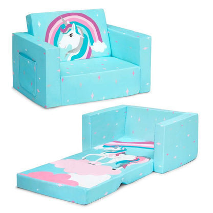 Delta Children Cozee Kids Couch 2-Seater Kids Sofa, Convertible 2-in-1 Flip Open Toddler Couch Sleeper, Foam Chair for Playroom & Bedroom, Bed Lounger, Comfy Play Sleeping Lounge Chair, Blue Unicorn