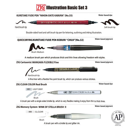 Kuretake Zig Inktober pen set, for Illustration, Manga Drawing, Lettering and Calligraphy, Professional Artist, Made in Japan (Basic No.3(5pcs.))