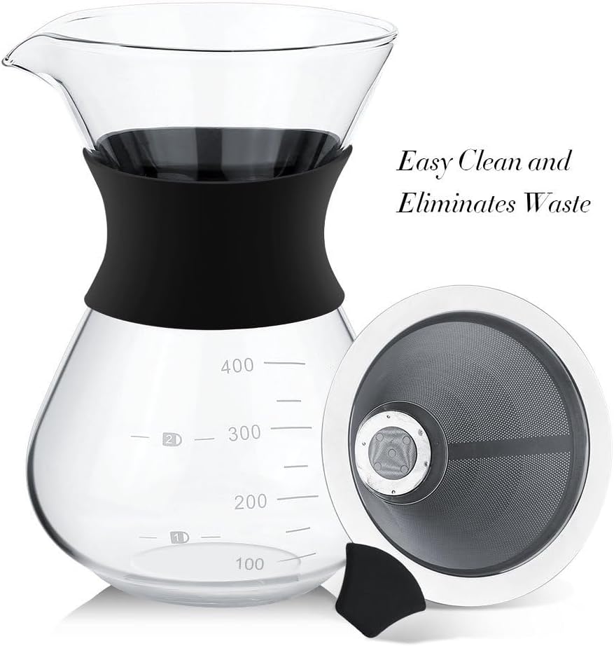 Pour Over Coffee Maker with Stainless Steel Filter, Reusable Glass Coffee Pot Manual Dripper, No Paper Filters