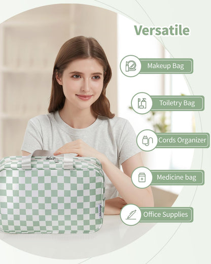 Narwey Large Checkered Travel Toiletry Bag Women Toiletries Bag Skincare Bag Makeup Bag with Handle Make up bag Organizer Cosmetic Bag Medicine Bag for Girls (Mint Green Checkerboard, Large)