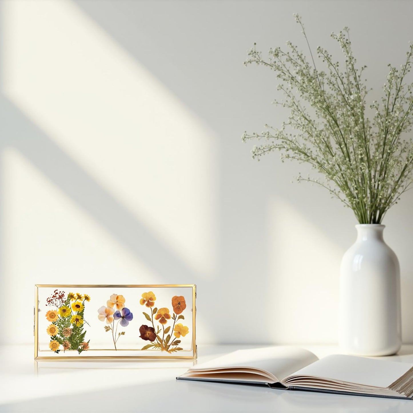 OGANAZI Double-Glass Dried Flower Frame, Brass Floating Frames for Pictures, Pressed Flowers, Leaves, Arts, Stamps, 4x 9 inches Decorative Tabletop Display Holder for Home Plant Specimen (FRAME ONLY)