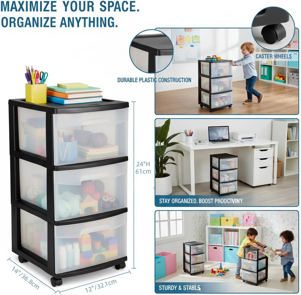 CNEIESD 3-Drawer Transparent Storage Cart Multi-Functional, Portable Home Organization, Black