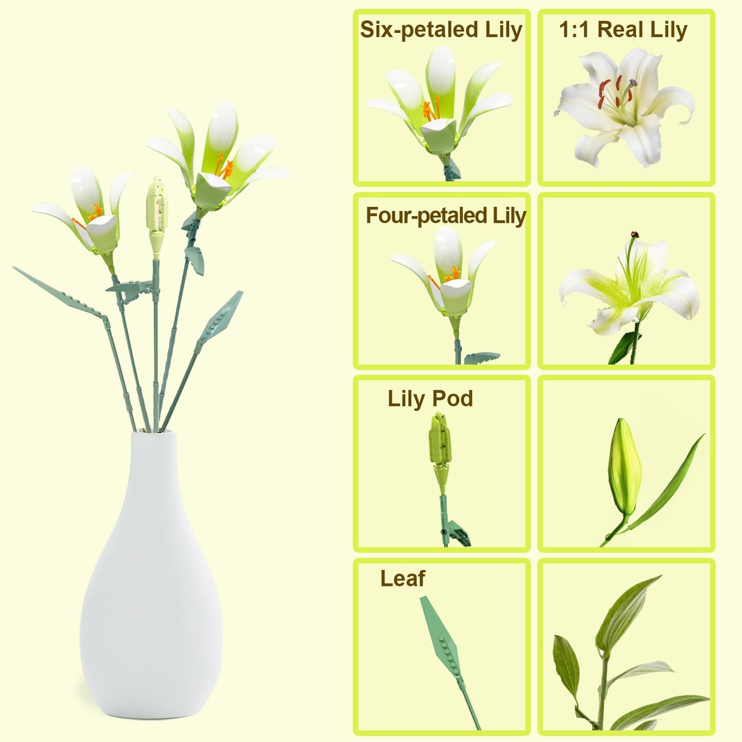 Famiredo Lily Flower Building Kit for Adults, Flower Bouquet Building Block Set, Artificial Flowers Mini Building Bricks for Gifts/Home Decor, Botanical Collection (White)