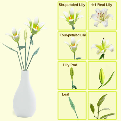 Famiredo Lily Flower Building Kit for Adults, Flower Bouquet Building Block Set, Artificial Flowers Mini Building Bricks for Gifts/Home Decor, Botanical Collection (White)