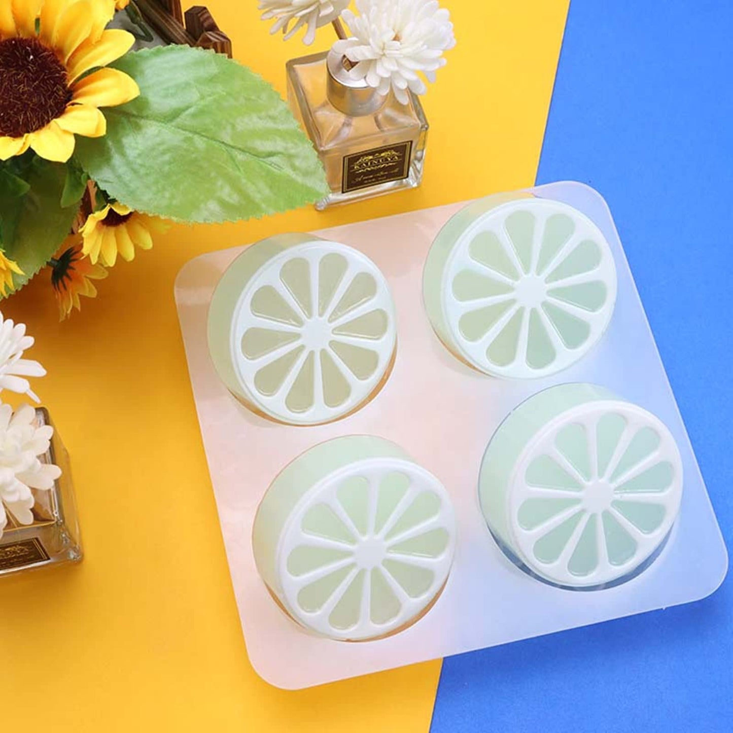 DD-life 2 Pcs 4 Cavity Lemon Slice Silicone Molds Orange Slice Silicone Molds for Handmade SoapCake Decorating DIY Fondant Candy Making Chocolate Pudding Mousse Cupcake Topper Birthday Party Moulds