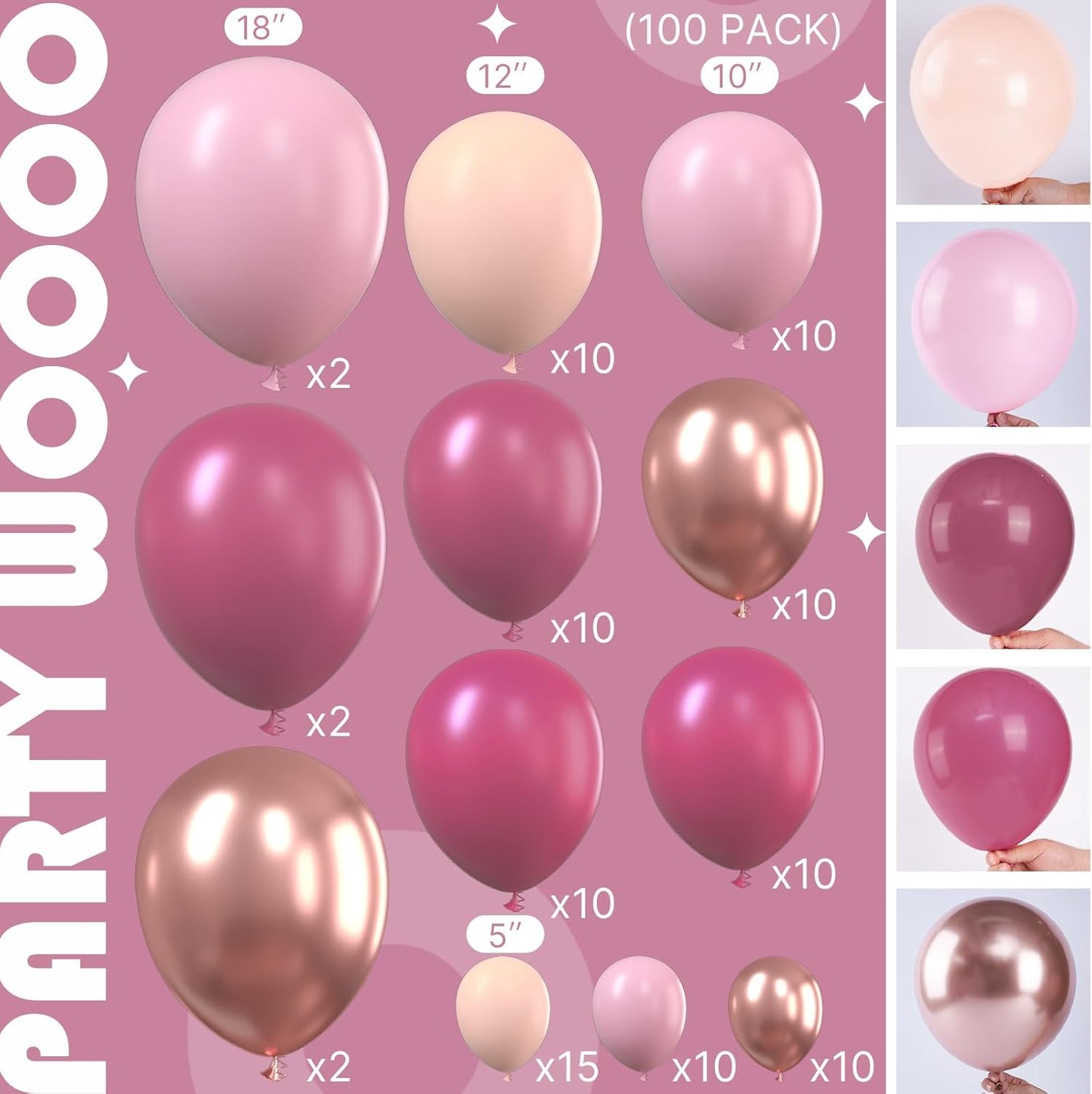 PartyWoo Dusty Pink Balloon Arch Kit - 100 Pcs Shades of Pink & Dusty Rose Balloons | Various Sizes for Weddings & Celebrations
