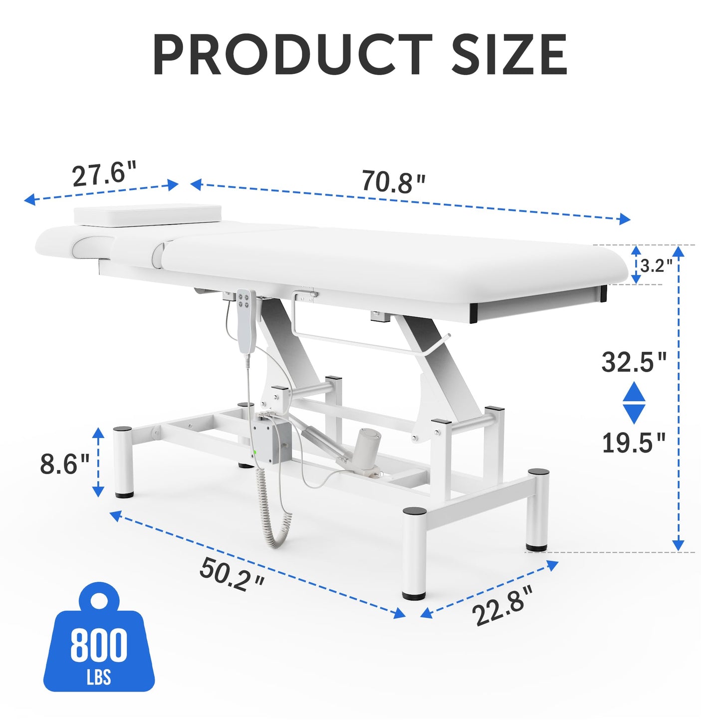 Professional Electric Massage Table, 2 Motors Hydraulic Electric Lift Adjustable Backrest and Height Lifting Functions for Treatment/Physical Therapy/Spinal Massage/Facial Spa/Waxing/Tattooing - White