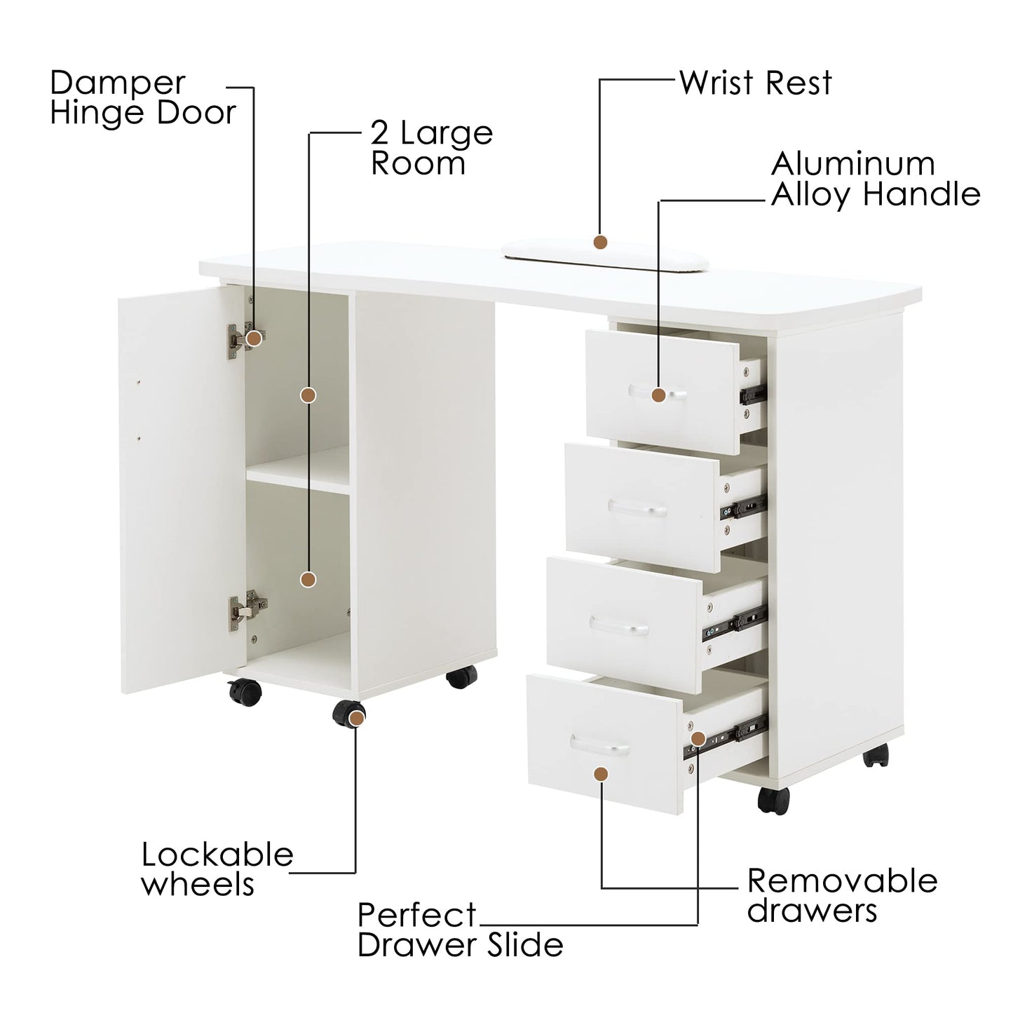 BarberPub Manicure Table - Acetone Resistant Nail Desk with 4 Drawers, 2 Cabinets, Lockable Wheels, Wrist Pad for Nail Tech, Beauty Salon - White