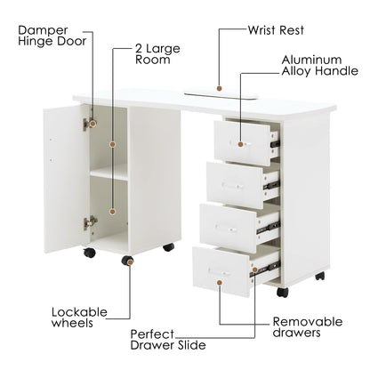 BarberPub Manicure Table - Acetone Resistant Nail Desk with 4 Drawers, 2 Cabinets, Lockable Wheels, Wrist Pad for Nail Tech, Beauty Salon - White