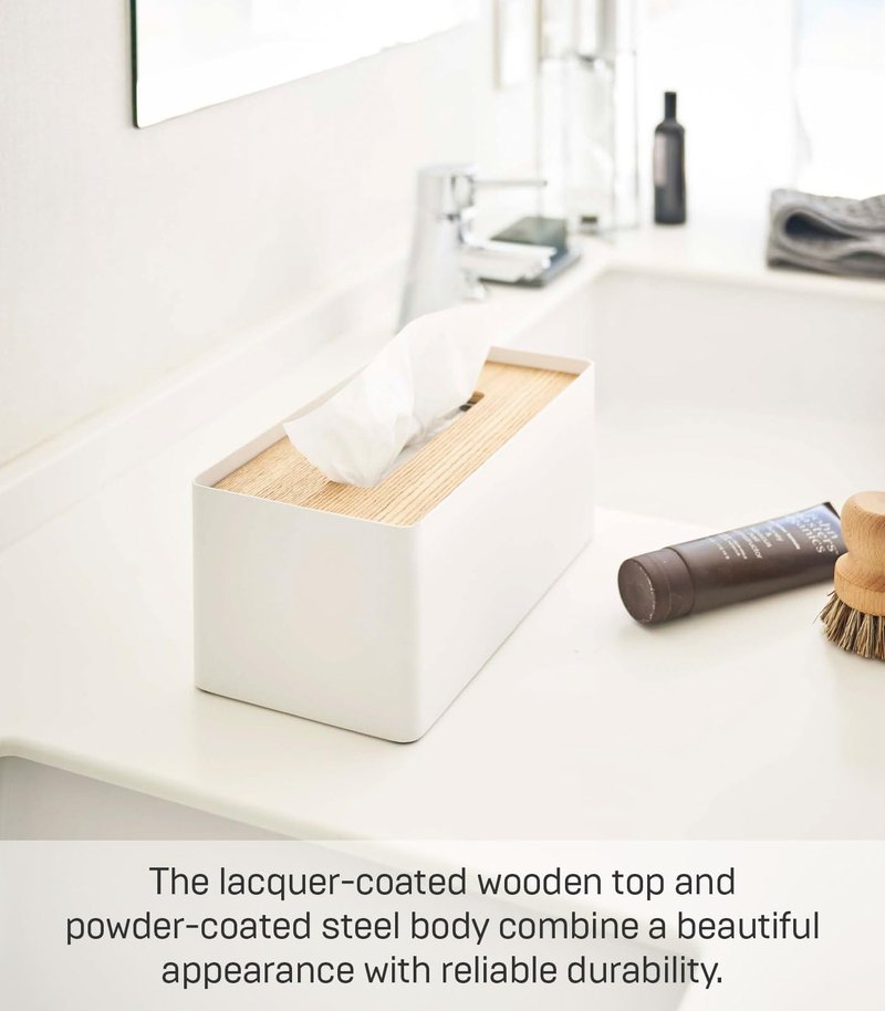 Yamazaki Home Rin Reusable Tissue Box Cover Metal Holder Container Case with Natural Wooden Lid - Steel