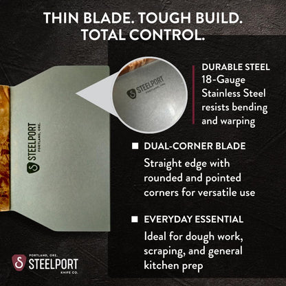 Steelport Bench Scraper | USA Made Dual Edge Stainless Steel Dough Cutter | 18-Gauge Steel Blade, Tapered Maple Burl Handle | Kitchen Gadgets for Bakers, Professionals, Home Cooks | Gift for Bakers
