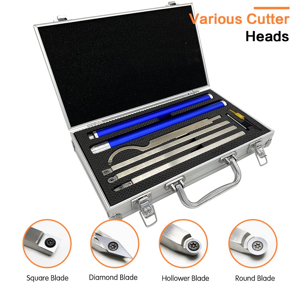 Carbide Tipped Wood Turning Tools Set, Lathe Rougher Finisher Swan Neck Hollowing Tools and Interchangeable Aluminum Alloy Grip Handle with Diamond Round Square Carbide Inserts