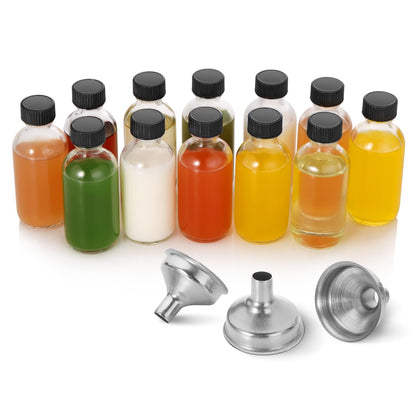 AOZITA 12 Pack, 2 oz Small Clear Glass Bottles w/Lid & 3 Funnels - 60ml Boston Shot Bottles for Health, Immunity, Potion, Wellness, Sample, Ginger, Juice - Mini Personal Care & Beauty Travel Bottle