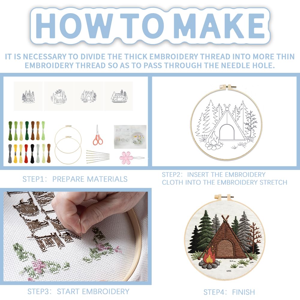 FREEBLOSS 4 Sets Embroidery Kit for Beginners Needlepoint Embroidery Starter Kit with Camping Stamped Patterns, Instructions, Colored Threads, 2 Hoops 20cm/7.9inch