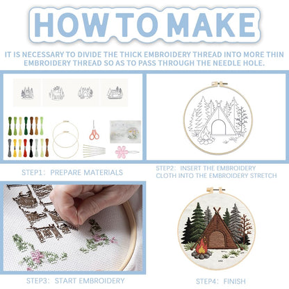 FREEBLOSS 4 Sets Embroidery Kit for Beginners Needlepoint Embroidery Starter Kit with Camping Stamped Patterns, Instructions, Colored Threads, 2 Hoops 20cm/7.9inch