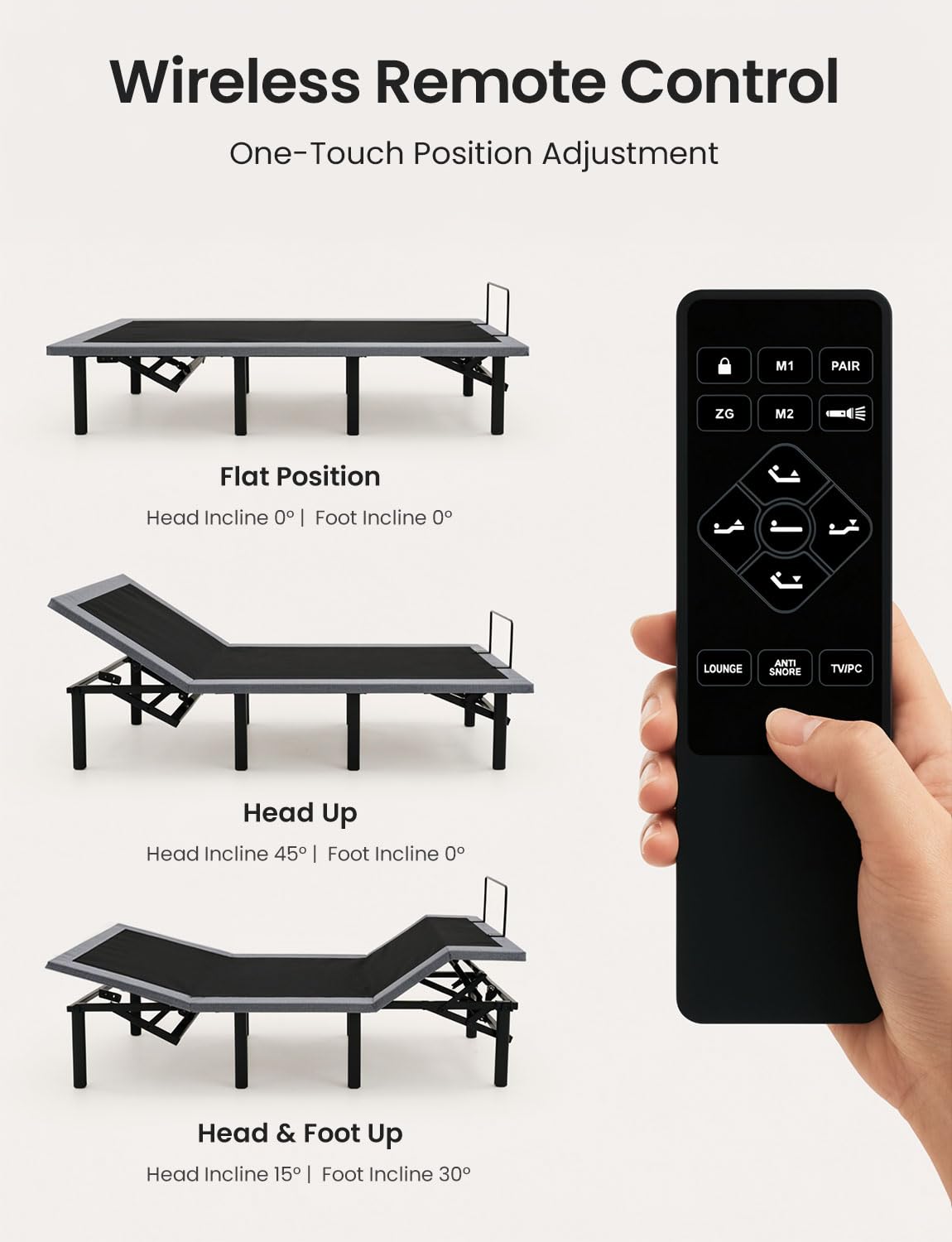 Full Size Adjustable Bed Base with Wireless Remote & USB Ports – Quiet Motor Heavy Duty 750lbs Capacity Bed Frame for Elderly Back Pain Relief, Foldable Design, Mattress Friendly Adjustable Base