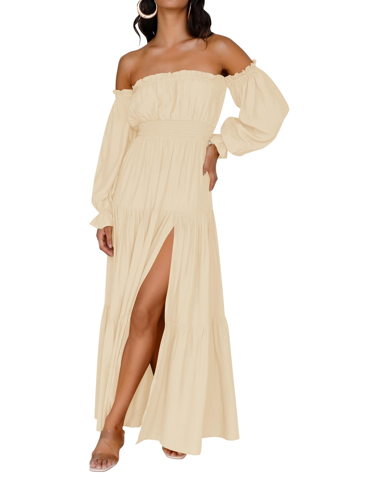 ZESICA Women's 2025 Boho Sexy Off Shoulder Long Sleeve Smocked High Waist Side Split Flowy A Line Tiered Long Maxi Dress
