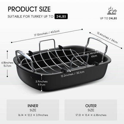 Roasting Pan, 17x13 Inch Nonstick Turkey Roaster with Removable Rack & Cooking Kit,Roaster Pan for Roasting Turkey, Meat & Vegetables (Silver)