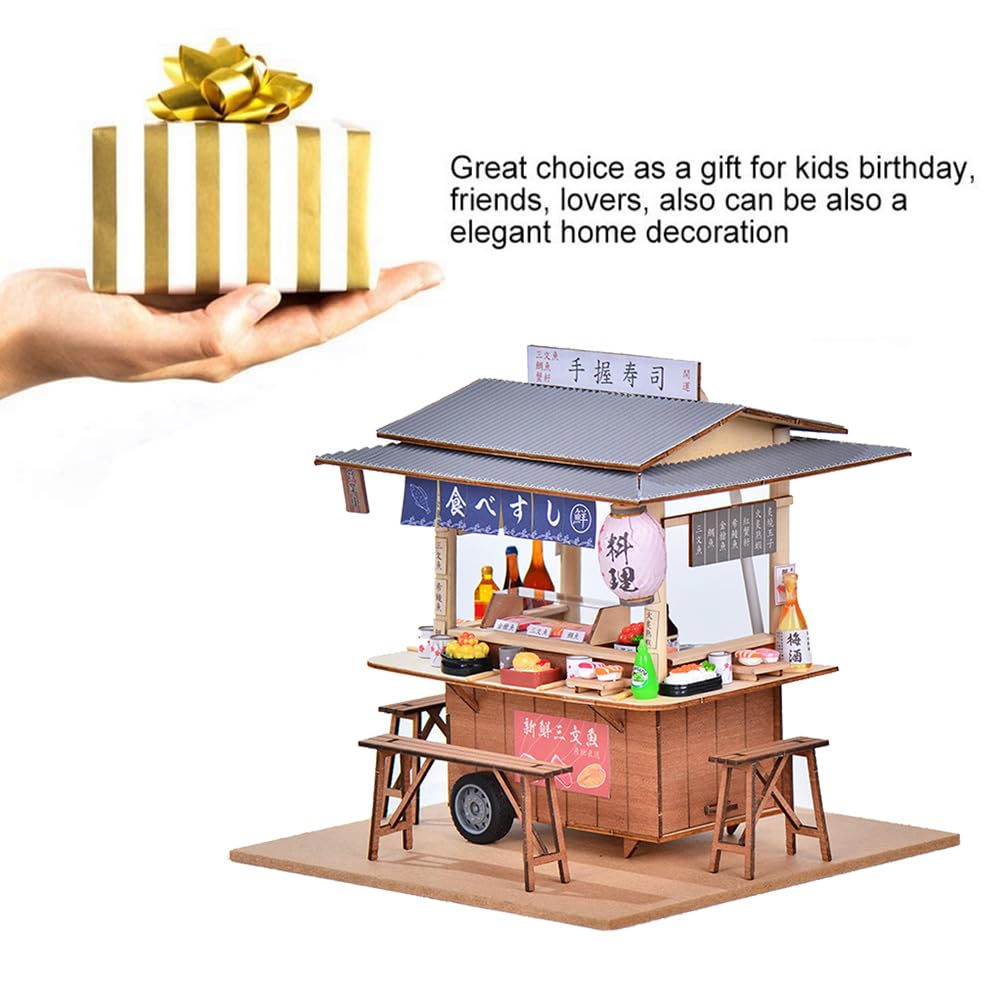 DIY Japanese Sushi Restaurant Food Truck Architectural Model Miniature Dollhouse Kit 3D Wooden Puzzle Mini Dollhouse with LED Lights and Dust Cover for Friends and Family