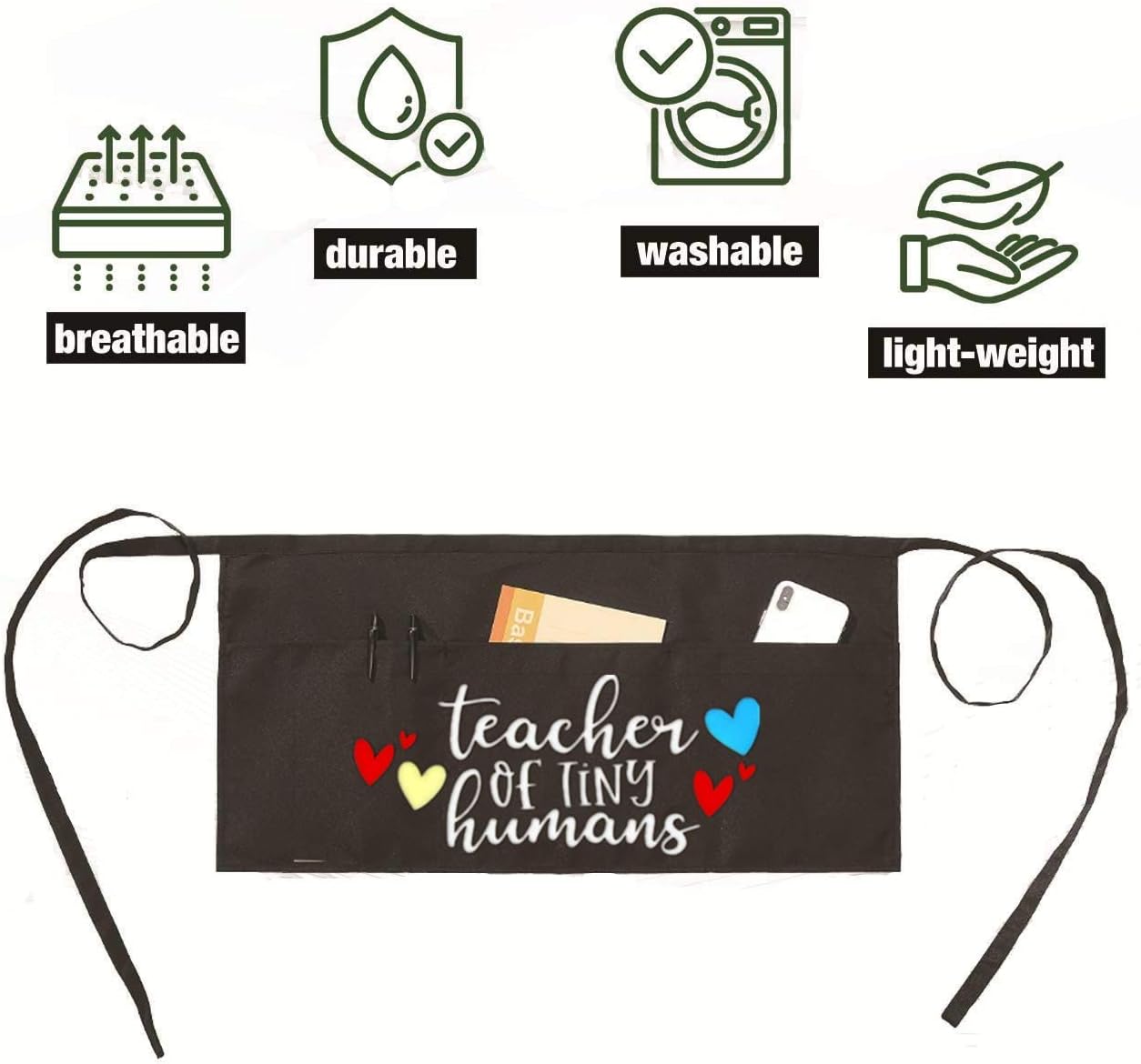 Waist Apron for Teachers with 3 Pockets, Half Black Apron, Perfect Gift for Teachers