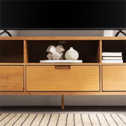 Walker Edison Millie Mid Century Modern 3 Drawer Solid Wood Low TV Stand for TVs up to 80 Inches 70 Inch Caramel