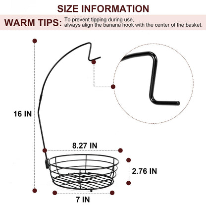 Vituney Fruit Basket for Kitchen Counter - Fruit Bowl with Banana Hanger, Rust-Proof Metal Frutero Produce Fruit Holder for Kitchen