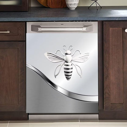 Dishwasher Magnet Cover Kitchen Decor, Silver Stainless Steel Bee Pattern Vinyl Decal, 23 W x 26 H